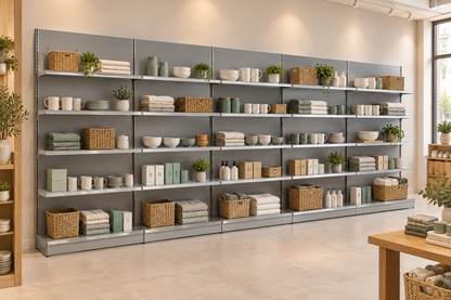 Five-bay silver wall shelving in a modern homewares shop