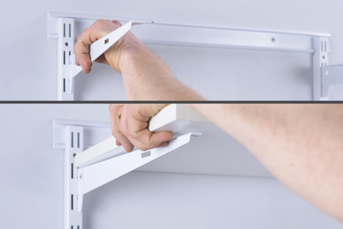 1. Add Brackets onto Uprights, then Shelves