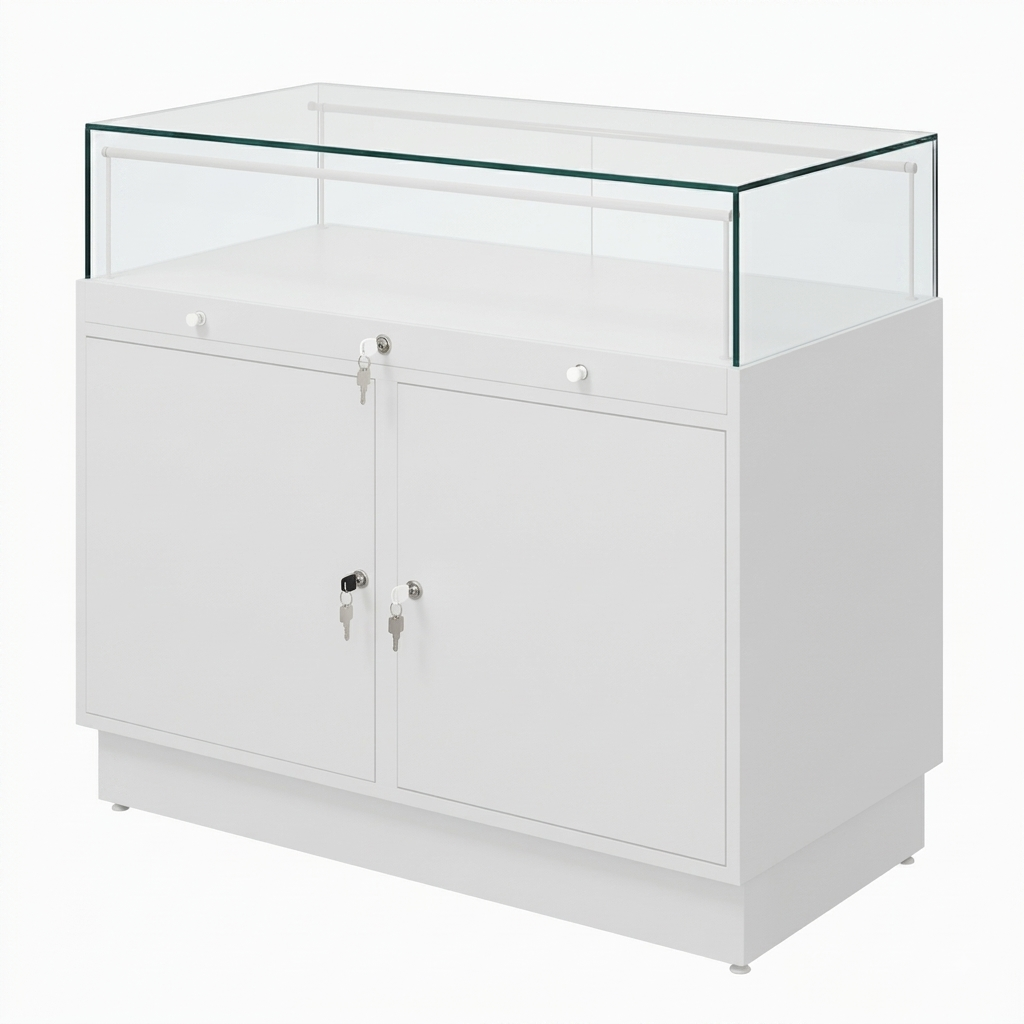 Halo White Glass Display Showcase Counter with 2 Lockable Cupboards