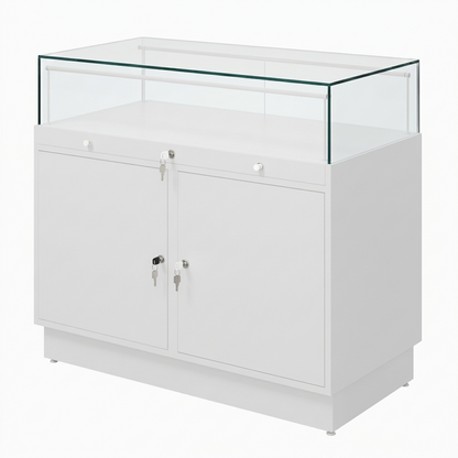 Halo White Glass Display Showcase Counter with 2 Lockable Cupboards