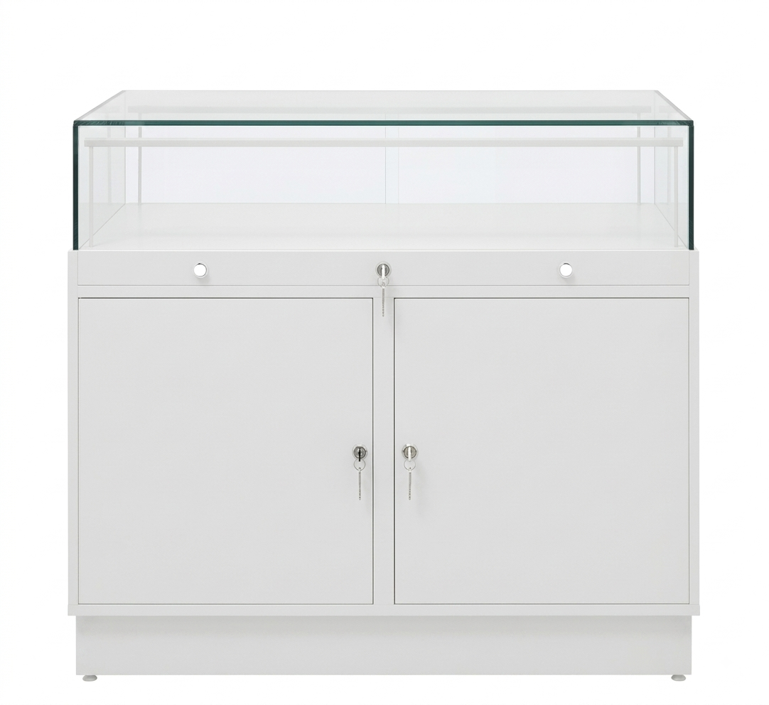 Halo White Glass Display Showcase Counter with 2 Lockable Cupboards