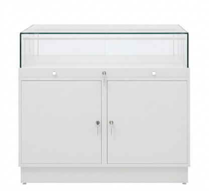 Halo White Glass Display Showcase Counter with 2 Lockable Cupboards