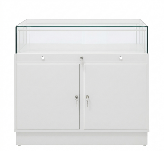 Halo White Glass Display Showcase Counter with 2 Lockable Cupboards
