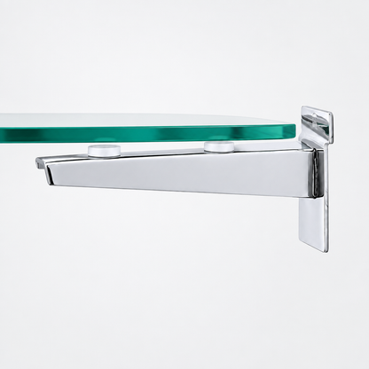 Heavy-duty bracket with glass shelf sample on a plain background
