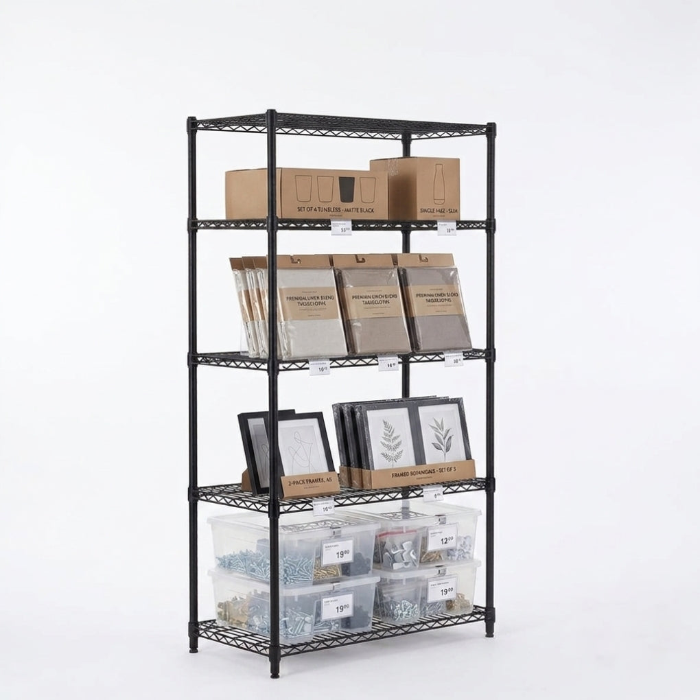 5 Tier Heavy Duty Black Wire Shelving Unit - H1800 x D450mm