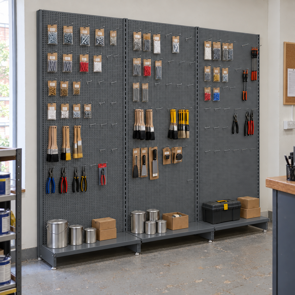 Three connected Dark Grey perforated shelving bays displaying unbranded fixings and tools in a DIY shop