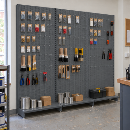 Three connected Dark Grey perforated shelving bays displaying unbranded fixings and tools in a DIY shop