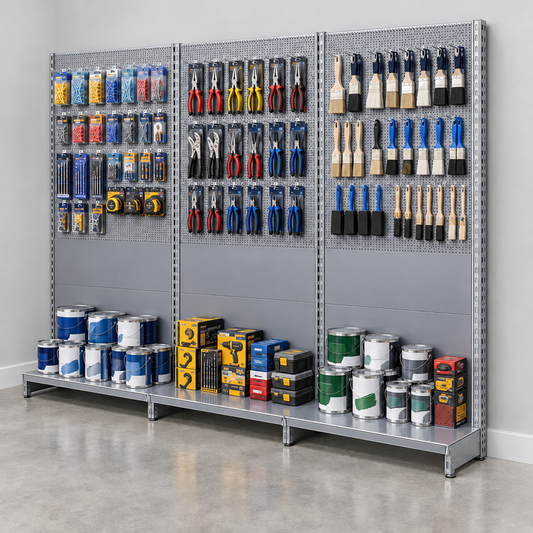 Three-bay silver retail wall shelving with metallic silver uprights displaying tools and paint in a hardware shop