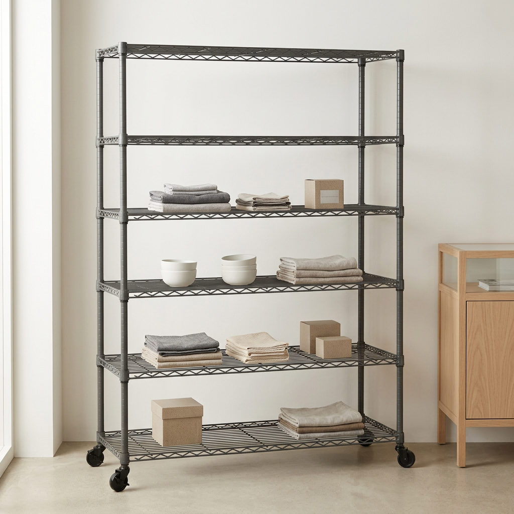 Wide six-tier mobile carbon grey wire shelving displaying homewares in a minimal retail setting