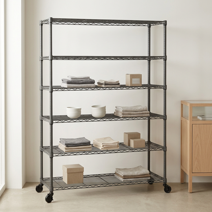 Wide six-tier mobile carbon grey wire shelving displaying homewares in a minimal retail setting