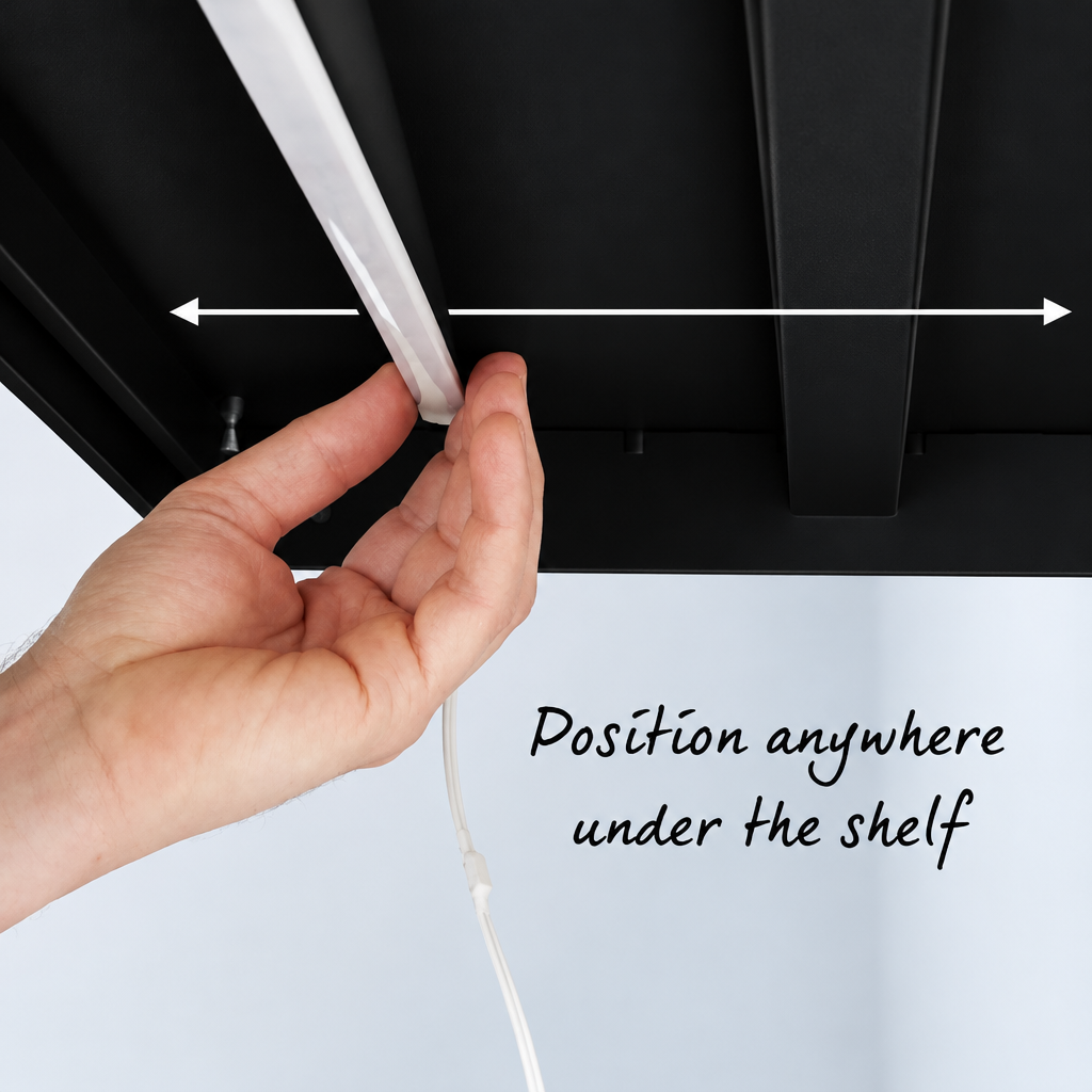 LED light positioning on black shelving