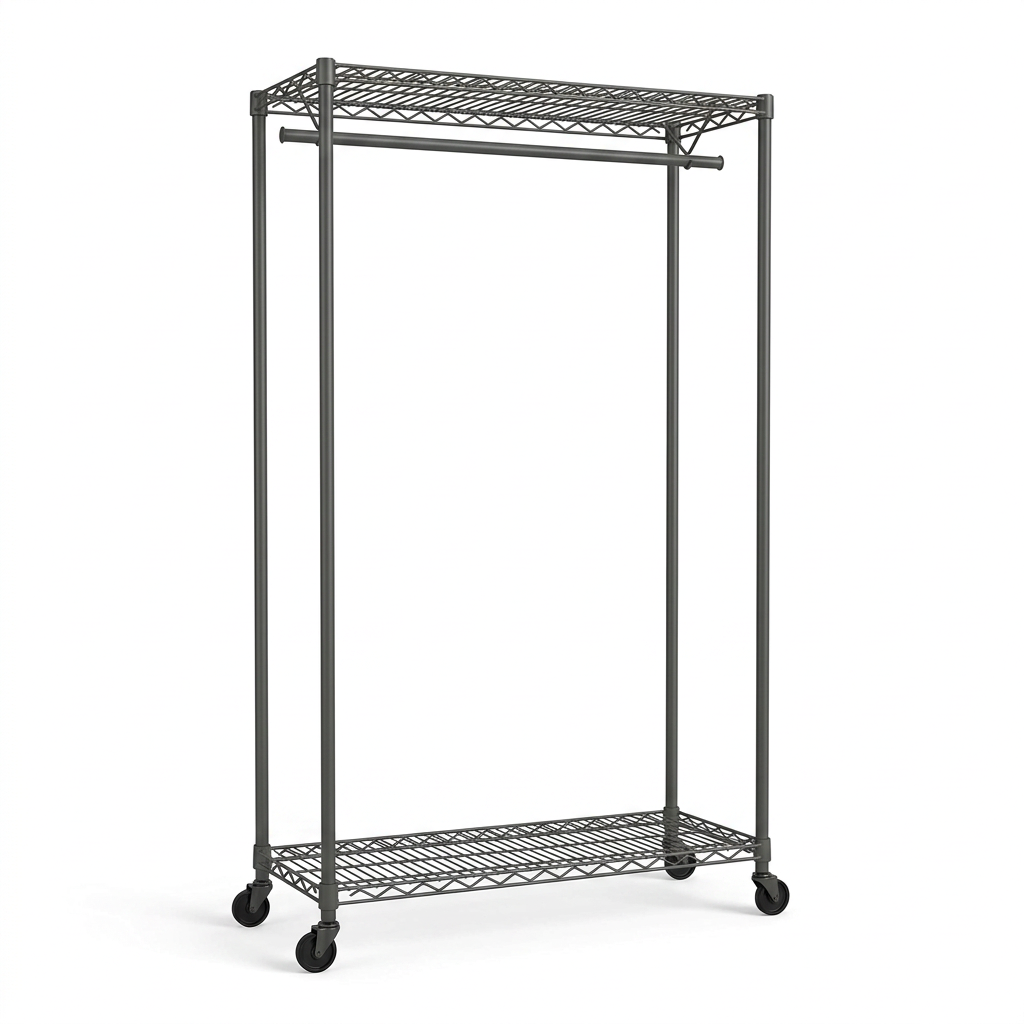 Mobile carbon grey wire clothes rack with one hanging rail and two shelves on white