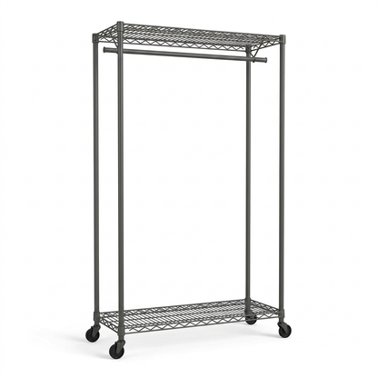 Mobile carbon grey wire clothes rack with one hanging rail and two shelves on white