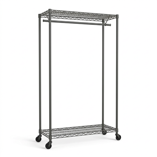 Mobile carbon grey wire clothes rack with one hanging rail and two shelves on white