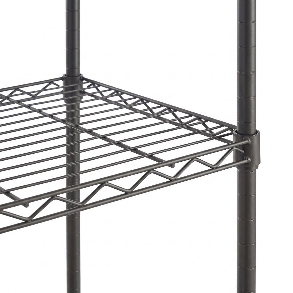 Carbon grey wire shelf and post close-up