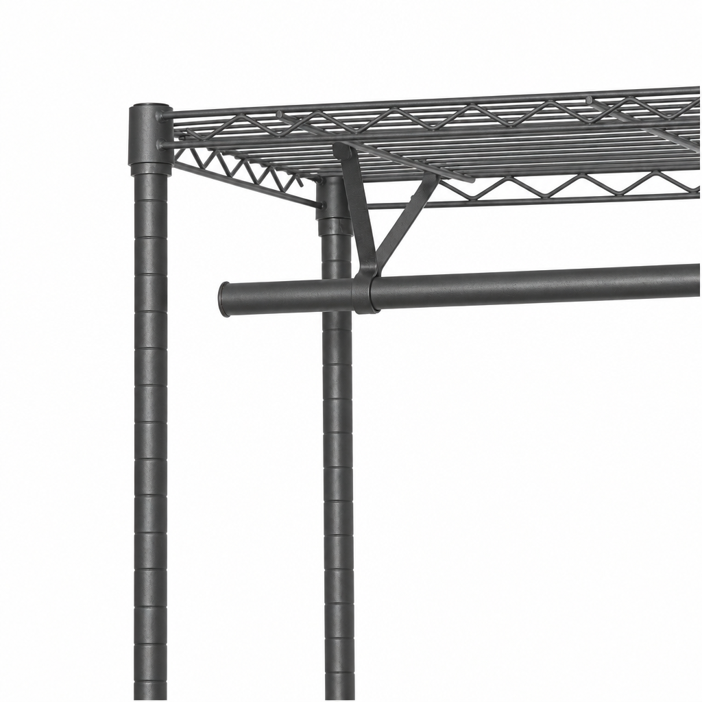 Carbon grey wire shelf with adjustable uprights and a horizontal support bar on a white background