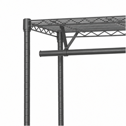 Carbon grey wire shelf with adjustable uprights and a horizontal support bar on a white background