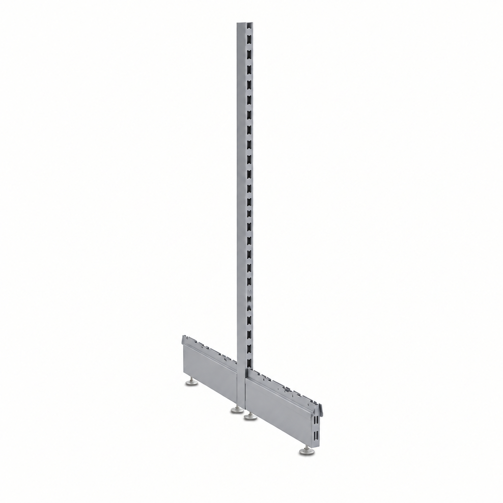 Silver gondola upright and double-sided base legs with adjustable feet