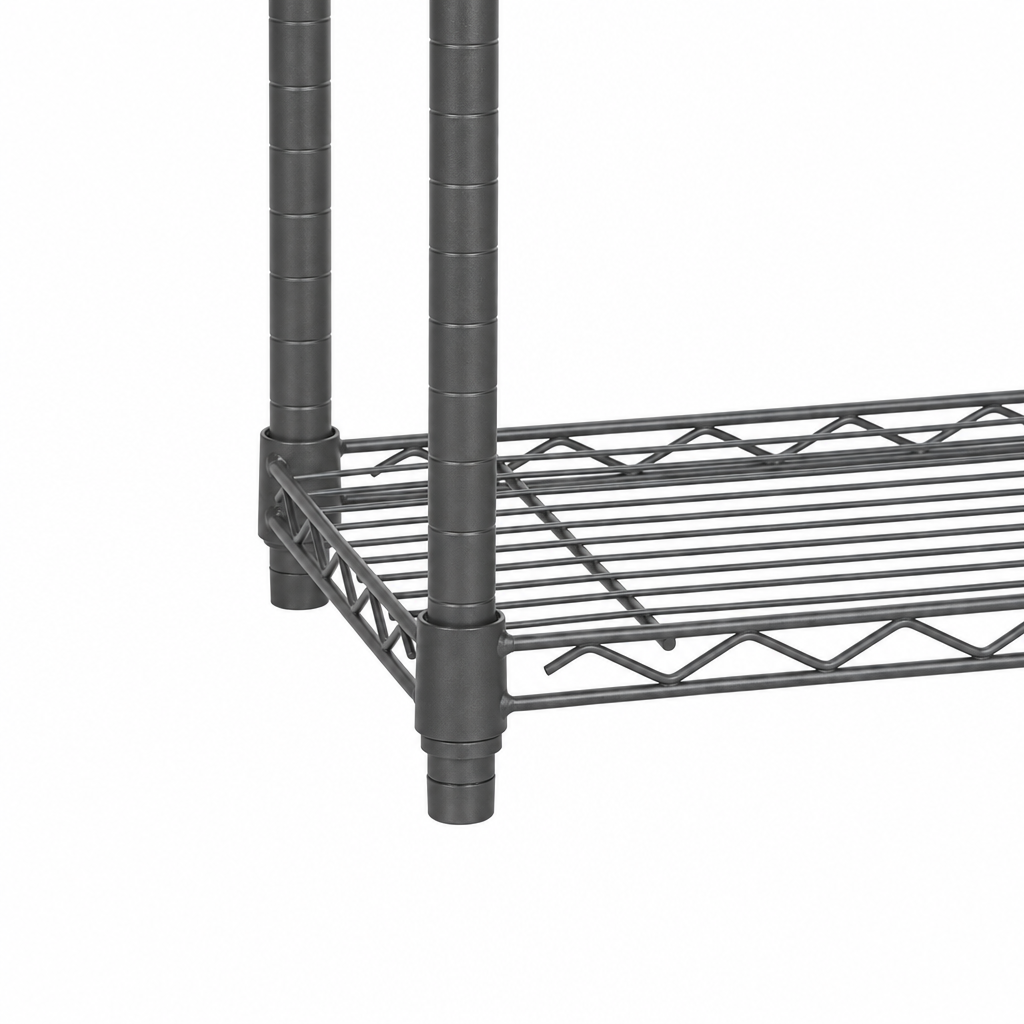 Carbon grey wire shelf with two uprights and a slatted bottom shelf on a white background