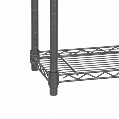 Carbon grey wire shelf with two uprights and a slatted bottom shelf on a white background