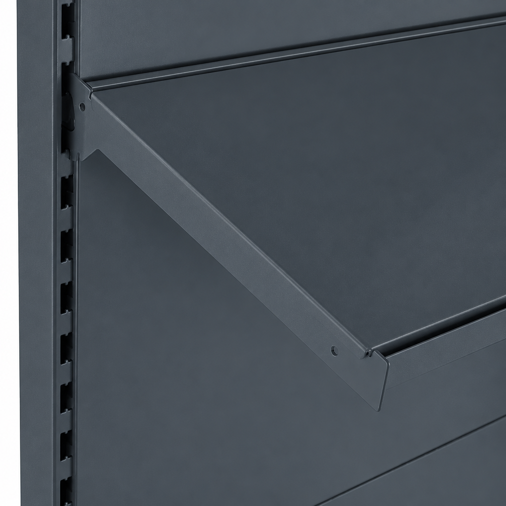 Dark Grey RAL 7015 adjustable shelf and bracket detail.