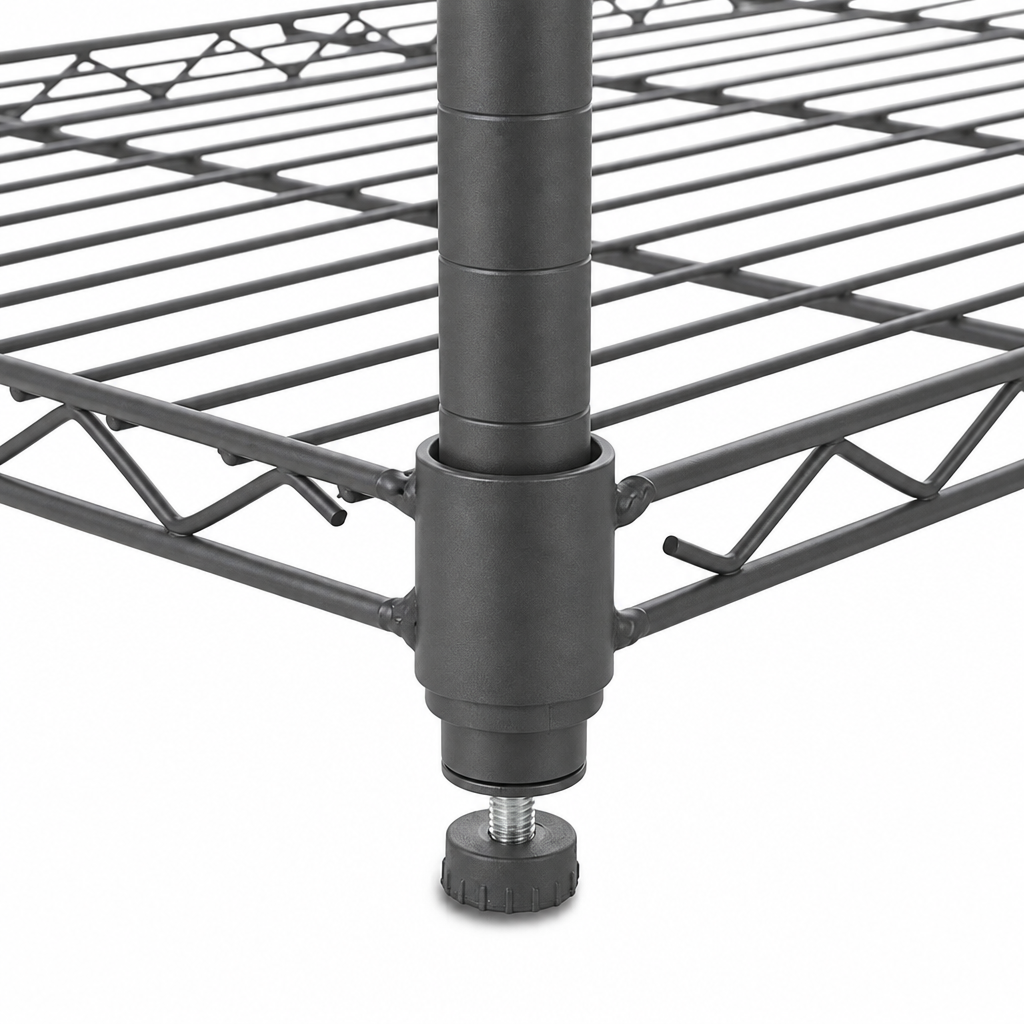 Close-up of a carbon grey wire shelf leg with a threaded levelling foot