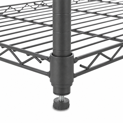 Close-up of a carbon grey wire shelf leg with a threaded levelling foot