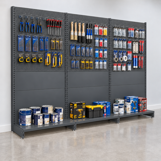 Dark Grey retail wall shelving run in a hardware shop