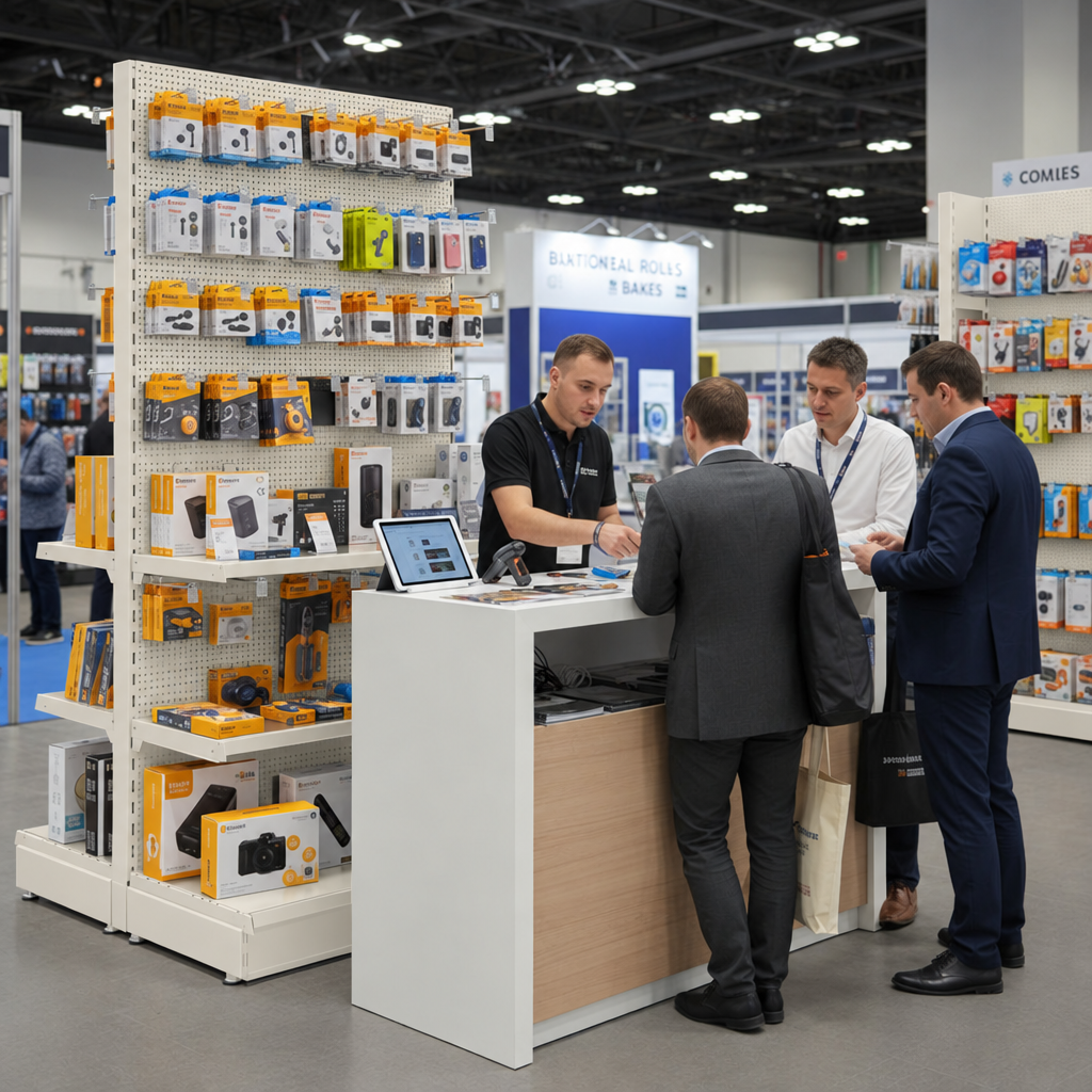 Jura White RAL 9001 trade display shelving at exhibition