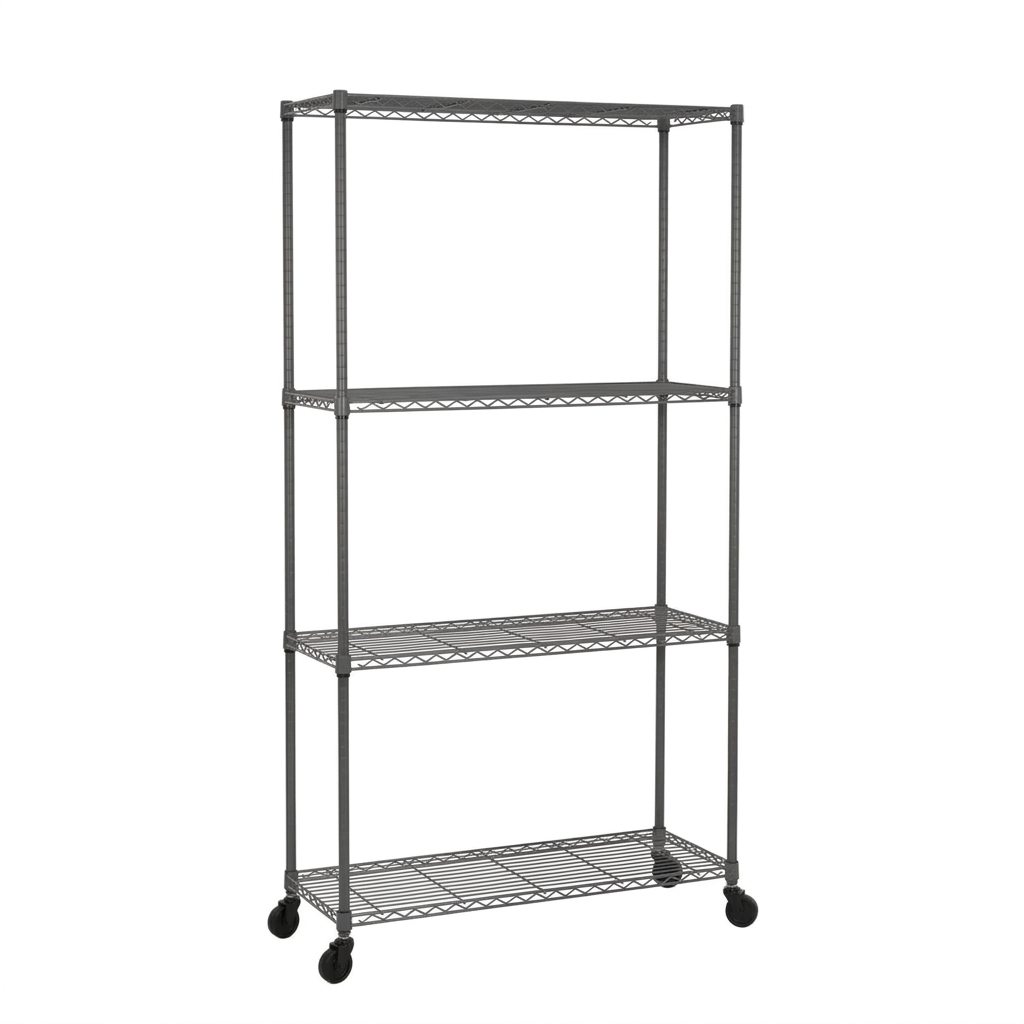Four-tier narrow mobile carbon grey wire shelving unit on a white background