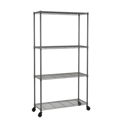 Four-tier narrow mobile carbon grey wire shelving unit on a white background