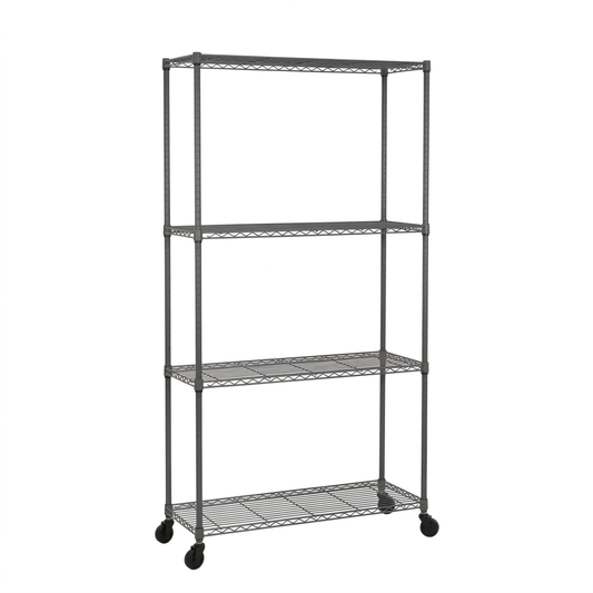 Four-tier narrow mobile carbon grey wire shelving unit on a white background