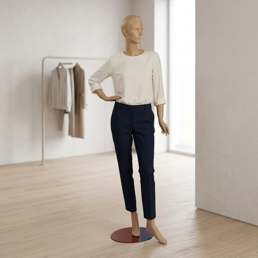 Sky female skin-tone mannequin displaying an ivory blouse and navy trousers in a womenswear boutique