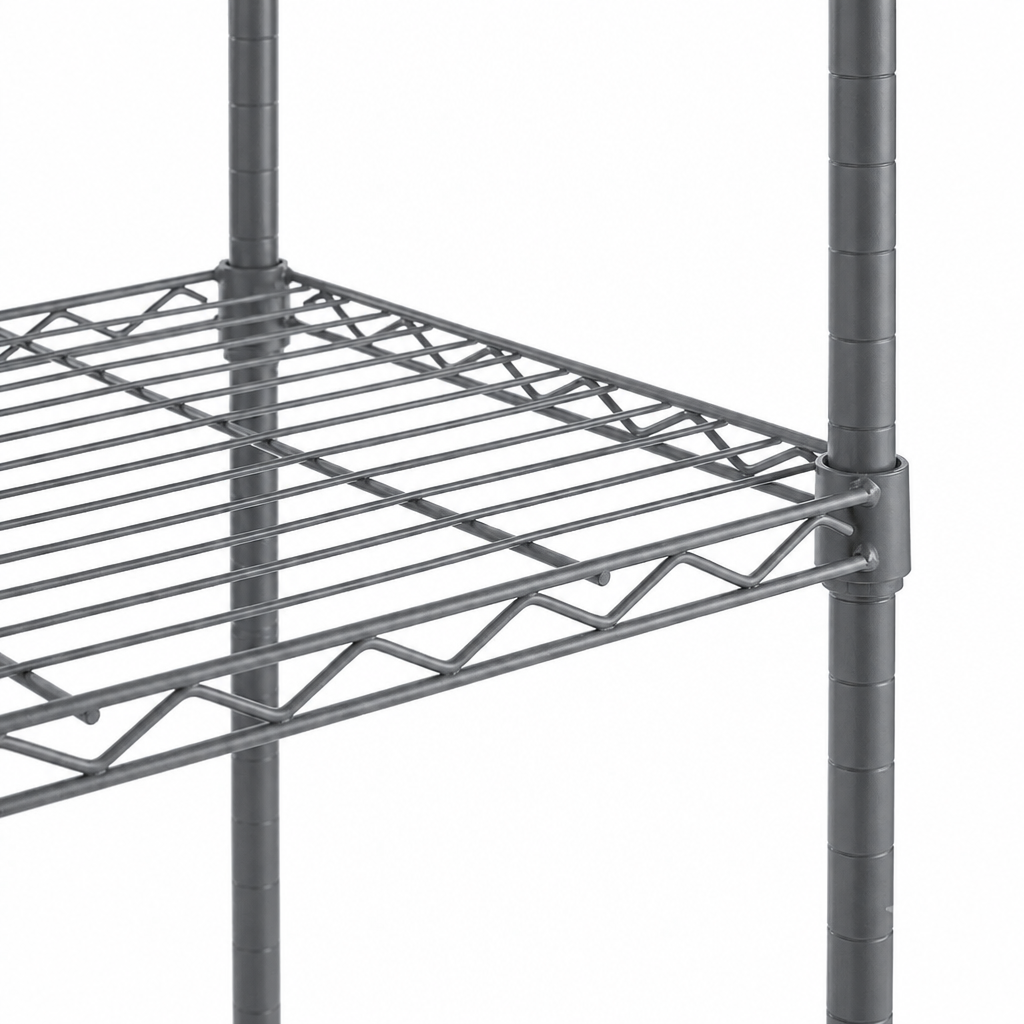 Close-up of a carbon grey metal wire shelving unit showing the slatted shelf and vertical support posts against a plain white background