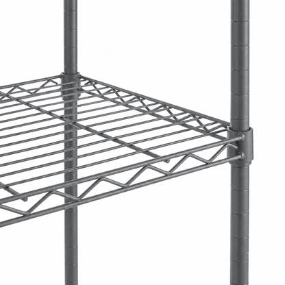 Close-up of a carbon grey metal wire shelving unit showing the slatted shelf and vertical support posts against a plain white background