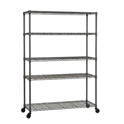 Wider five-tier mobile carbon grey wire shelving unit on a white background