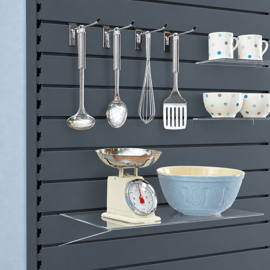 Dark Grey RAL 7015 slatwall displaying kitchenware on optional hooks and clear shelves.