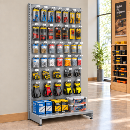Lifestyle illustration of silver perforated retail shelving against a hardware shop wall. Merchandise and end-of-run support not included.