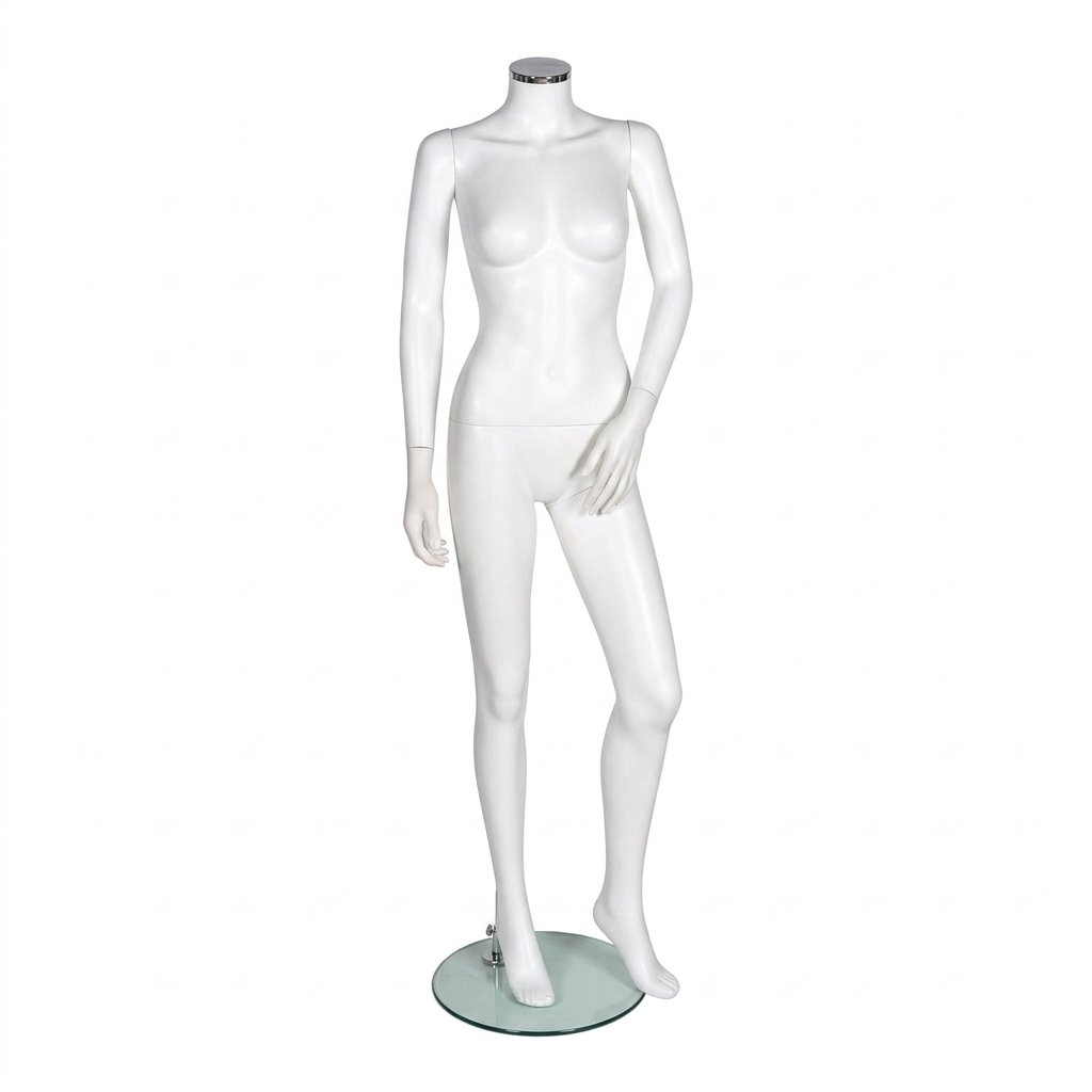 Zest 02 female matt-white headless mannequin on round glass base, front view