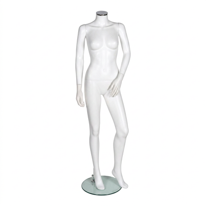 Zest 02 female matt-white headless mannequin on round glass base, front view