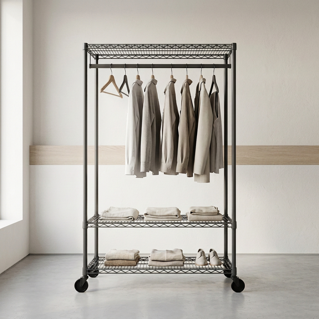 Mobile carbon grey wire clothes rack with three shelves displaying clothing in a boutique