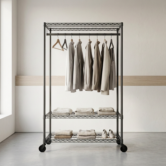 Mobile carbon grey wire clothes rack with three shelves displaying clothing in a boutique