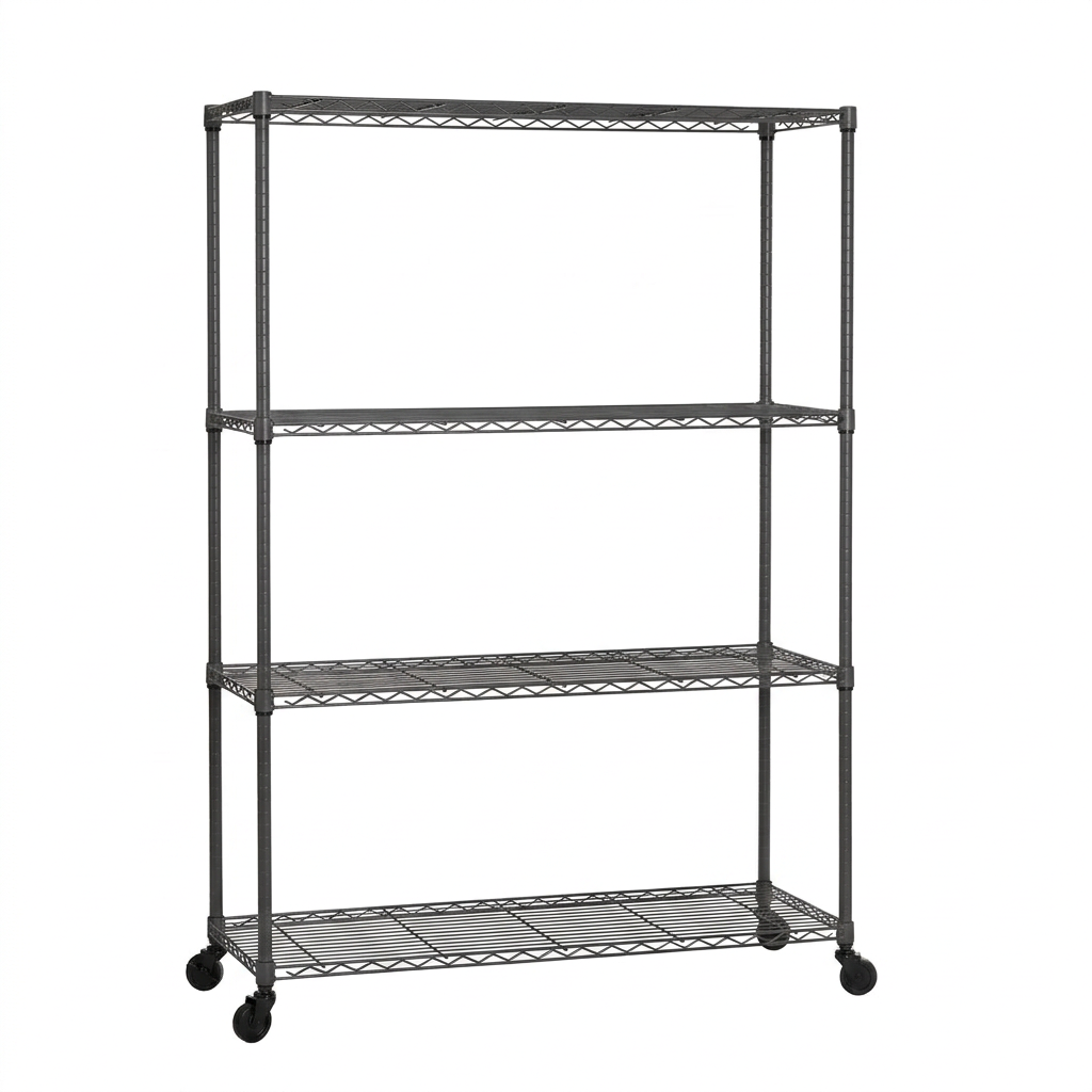 Wide 4-tier mobile carbon grey wire shelving unit with castors on a white background