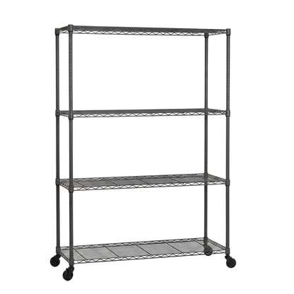 Wide 4-tier mobile carbon grey wire shelving unit with castors on a white background