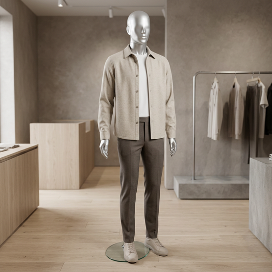 Candor 03 gloss-silver male mannequin displaying a neutral outfit in a modern menswear boutique