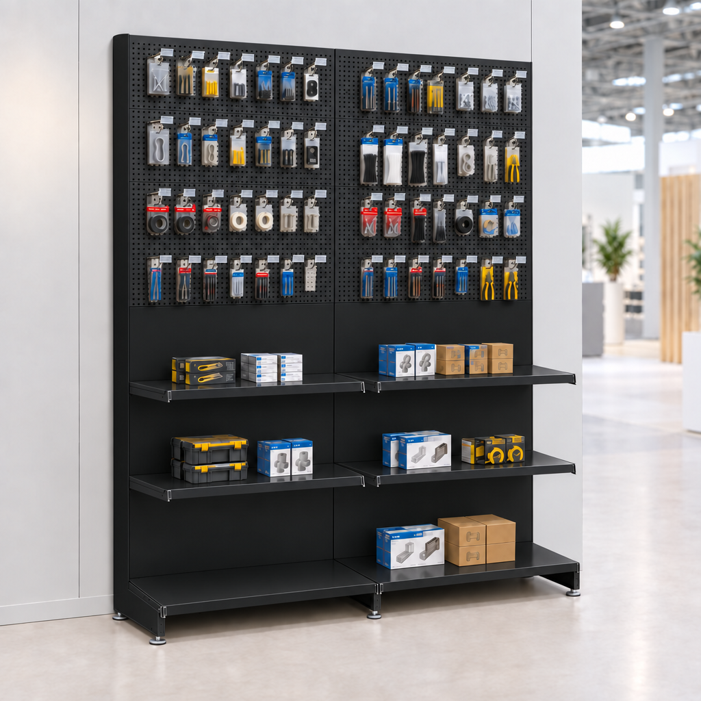 Black two-bay trade display with seamless panel joins and packaged trade accessories