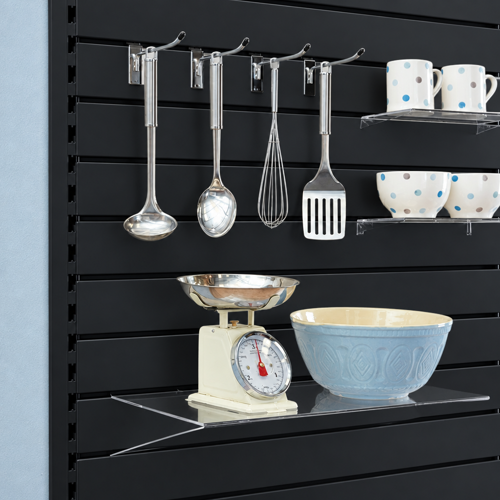 Black RAL 9005 slatwall displaying kitchenware with optional hooks and clear shelves.