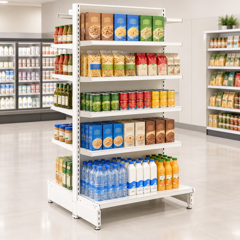New lifestyle image of the Jura White 8-shelf double-sided gondola unit in a modern supermarket