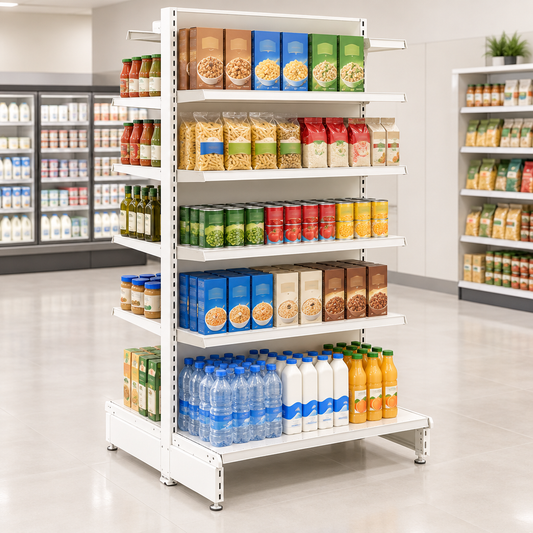 New lifestyle image of the Jura White 8-shelf double-sided gondola unit in a modern supermarket