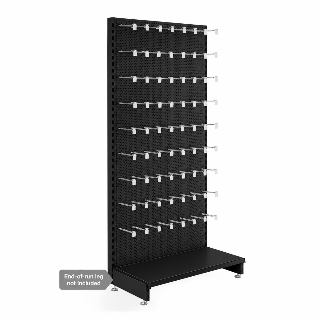Black perforated panel wall unit with euro hooks and base shelf. End-of-run leg not included.